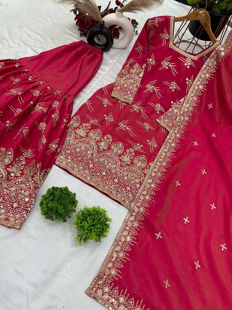"Elegance Redefined: Heavy Simmer Silk Sharara Set with Embroidery Sequence Work"