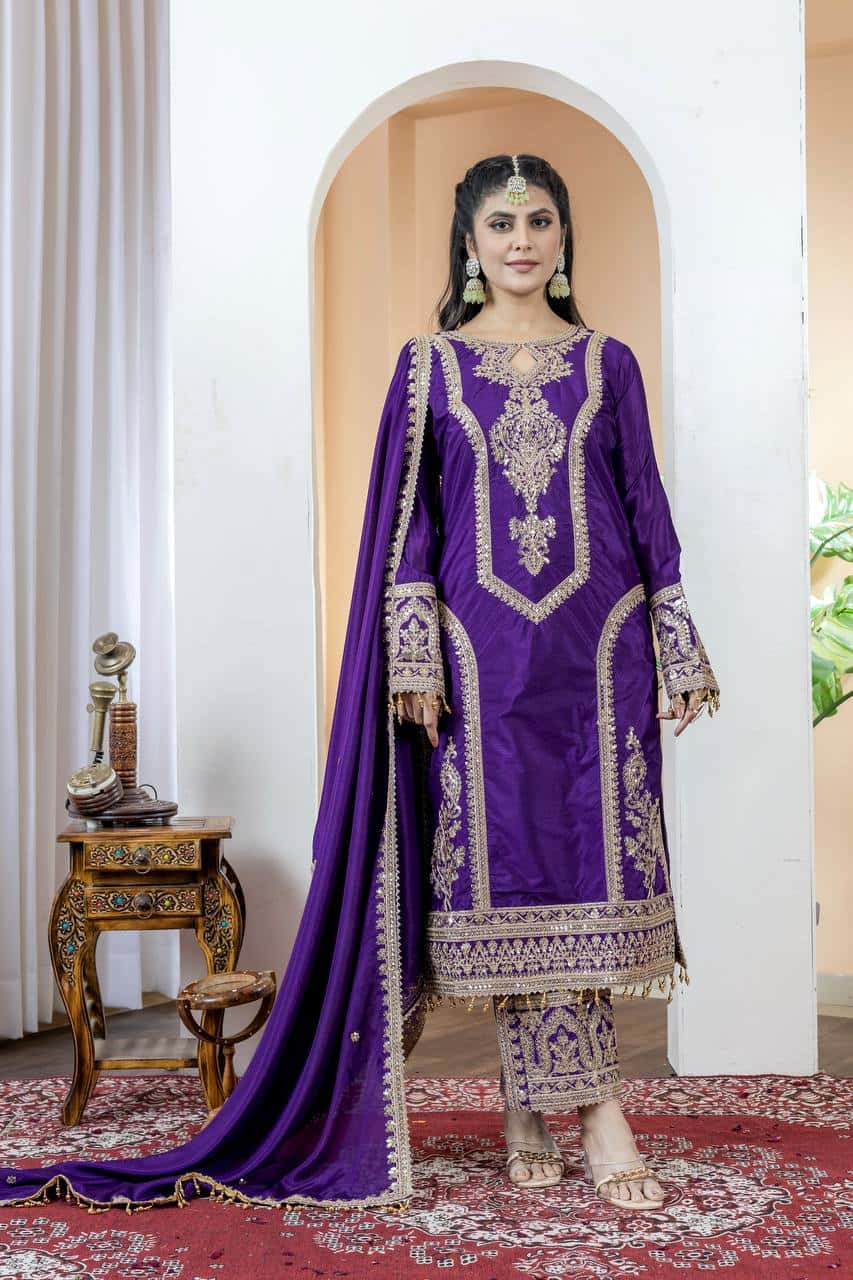 "Elegant Heavy Chinon Silk Embroidered Suit Set with Sequins, Dori Work & Fancy Latkan"