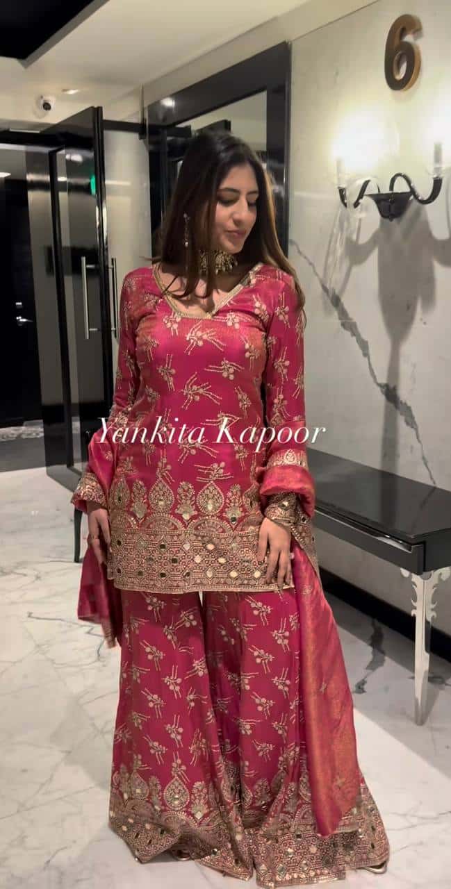 "Elegance Redefined: Heavy Simmer Silk Sharara Set with Embroidery Sequence Work"