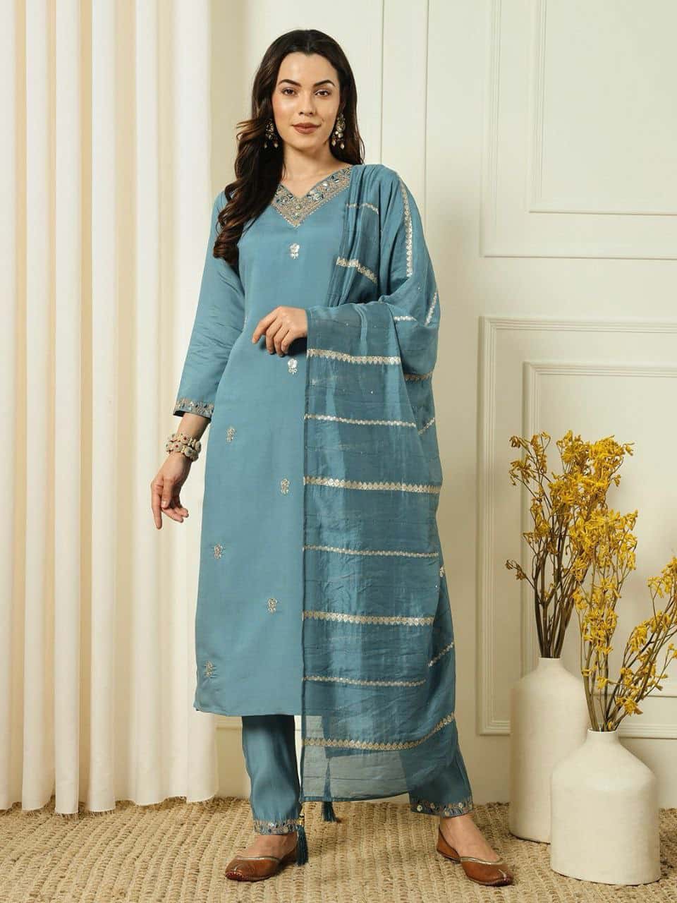 Denim Blue Roman Silk Kurti Set with Beautiful Embroidery and Sequence Work