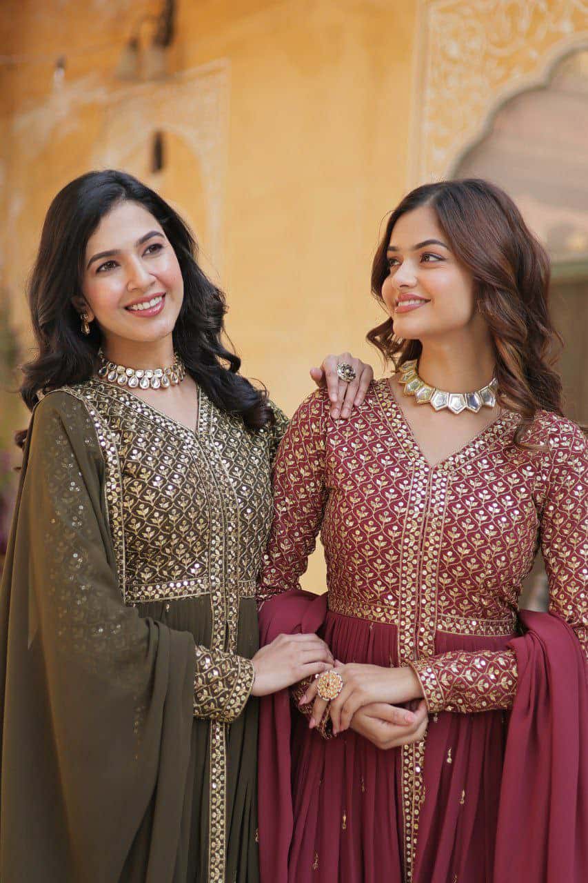 "Elegant Faux Georgette Embroidered Set with Sequins Dupatta"