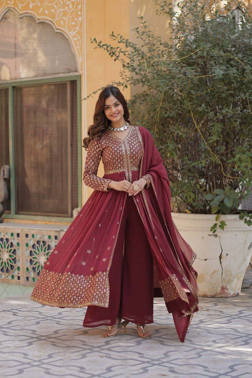 "Elegant Faux Georgette Embroidered Set with Sequins Dupatta"