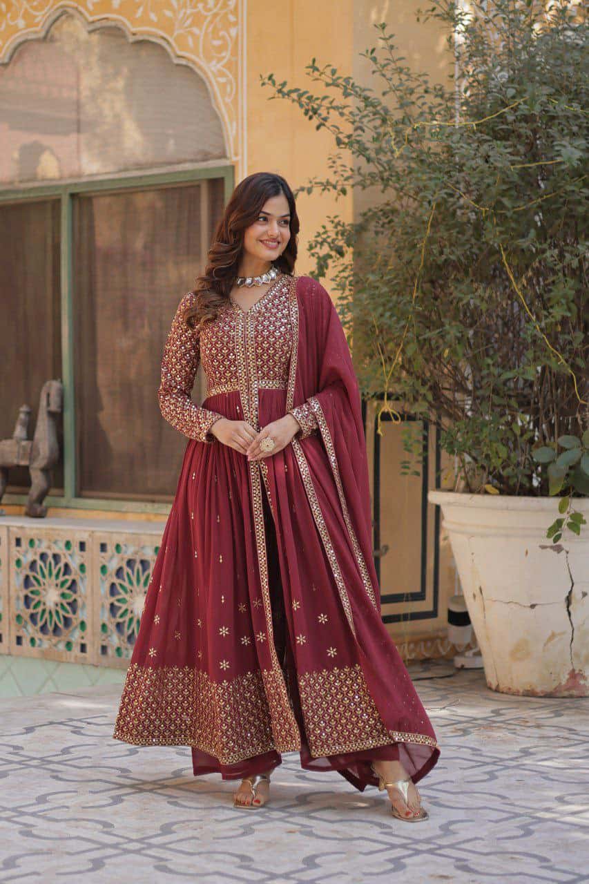 "Elegant Faux Georgette Embroidered Set with Sequins Dupatta"