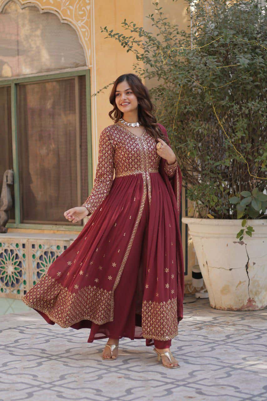 "Elegant Faux Georgette Embroidered Set with Sequins Dupatta"
