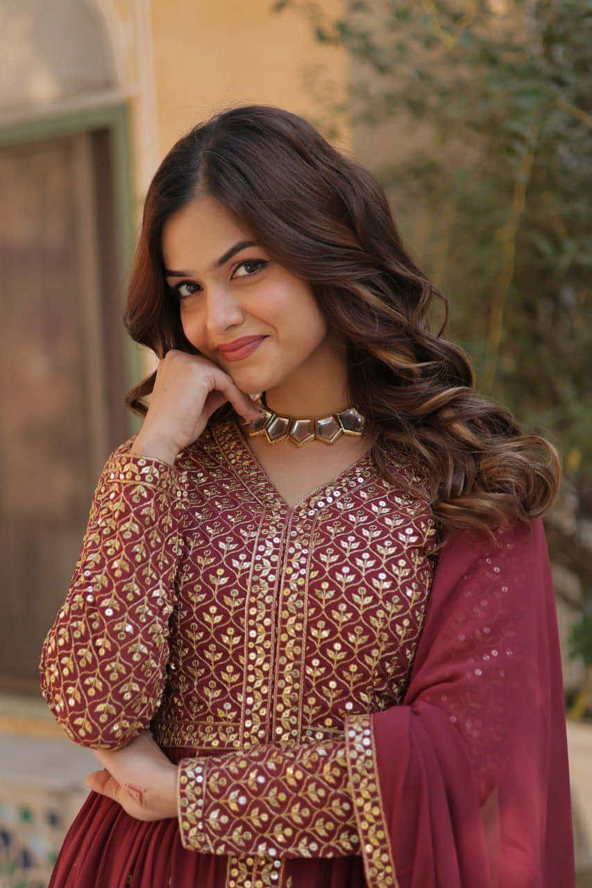 "Elegant Faux Georgette Embroidered Set with Sequins Dupatta"