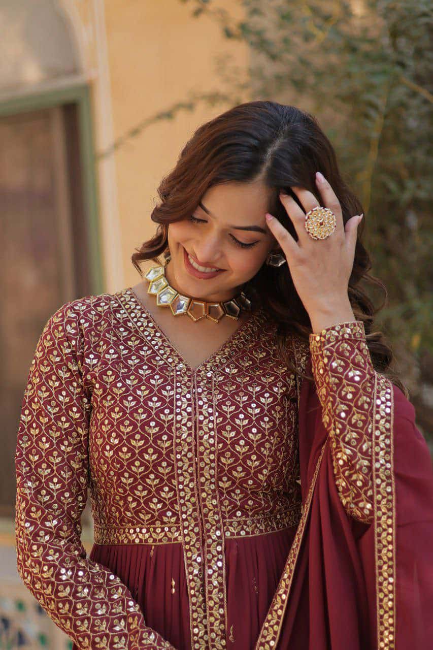 "Elegant Faux Georgette Embroidered Set with Sequins Dupatta"