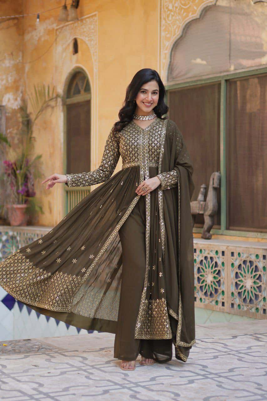 "Elegant Faux Georgette Embroidered Set with Sequins Dupatta"