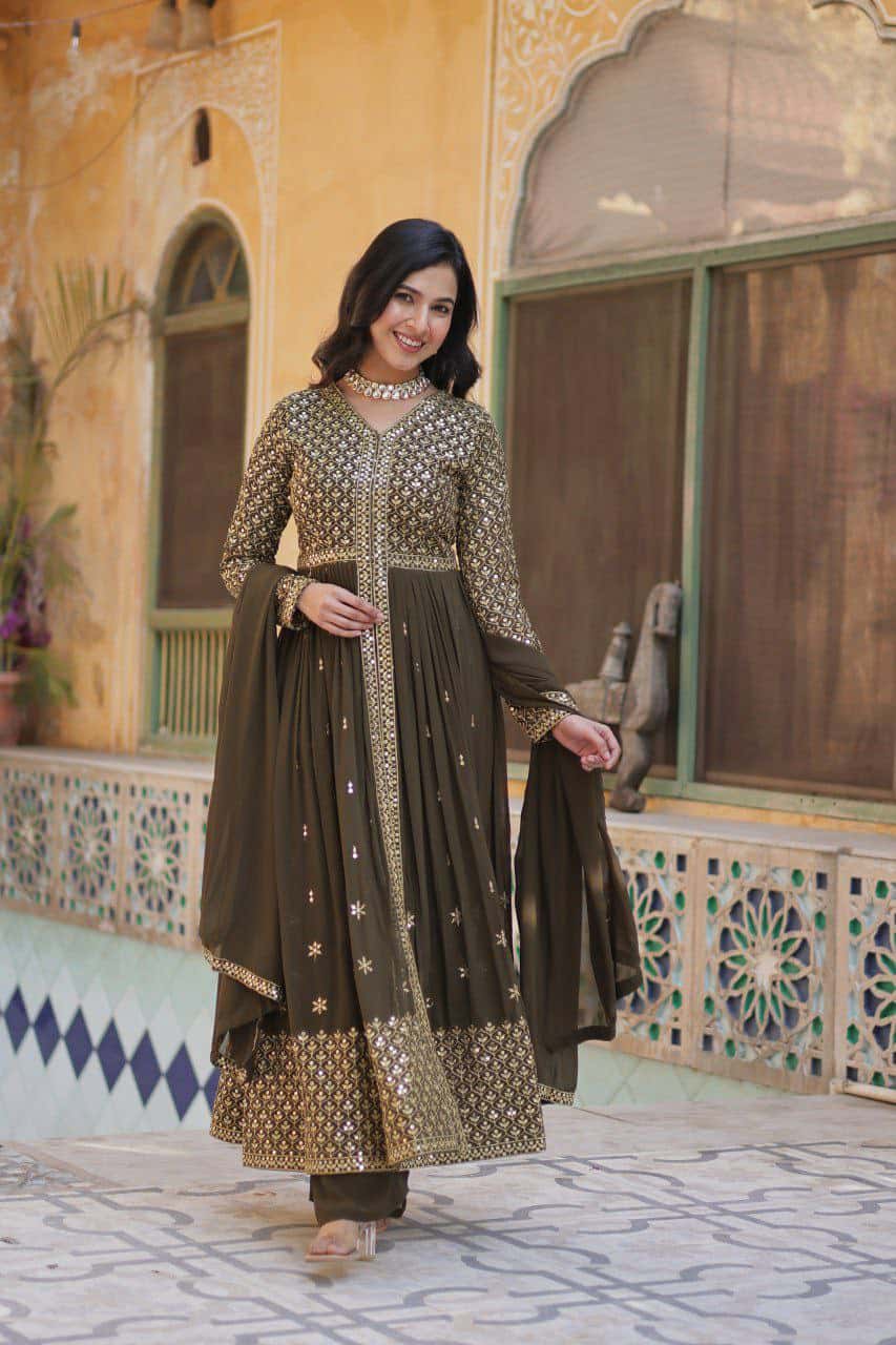 "Elegant Faux Georgette Embroidered Set with Sequins Dupatta"