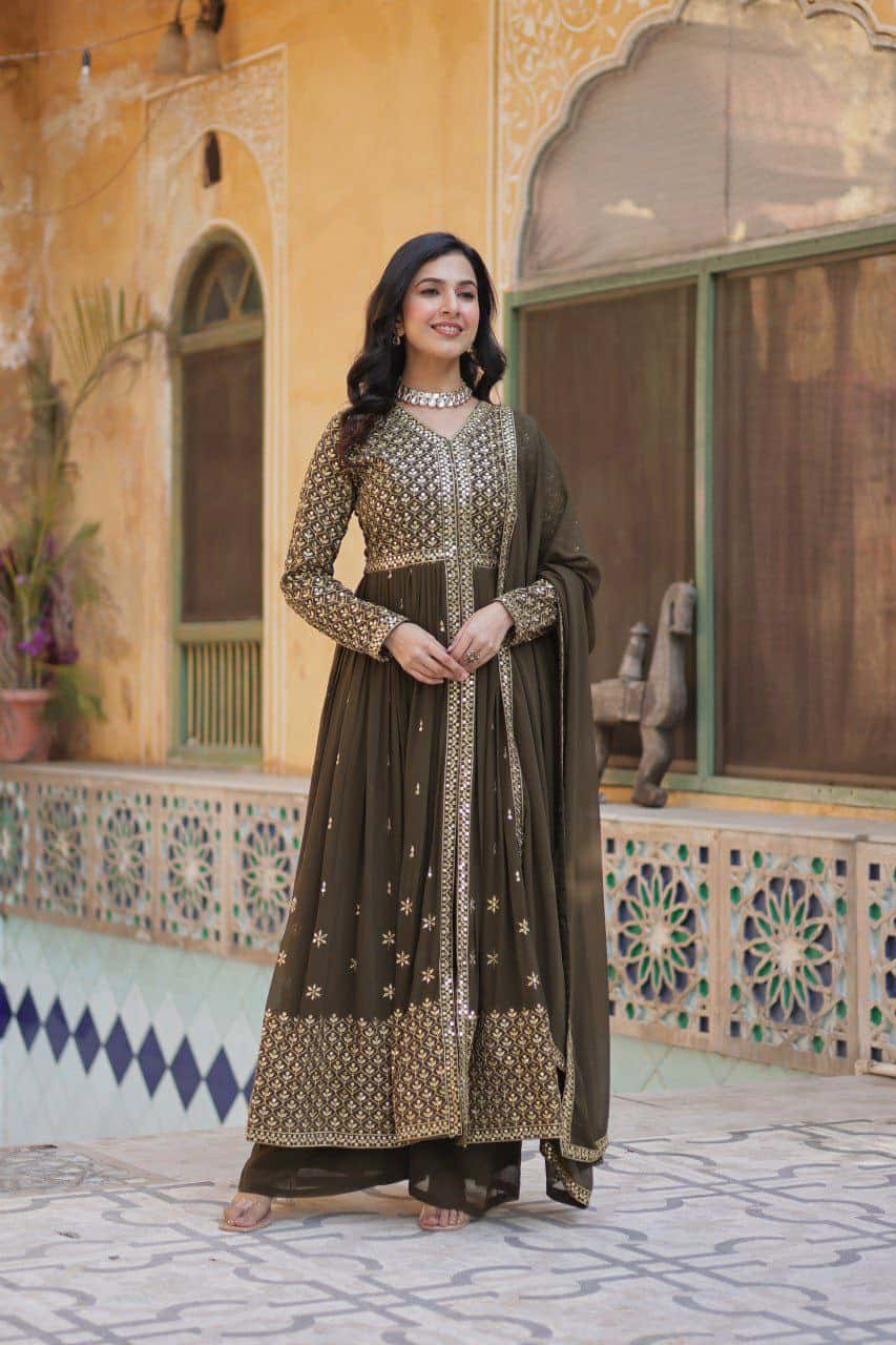"Elegant Faux Georgette Embroidered Set with Sequins Dupatta"