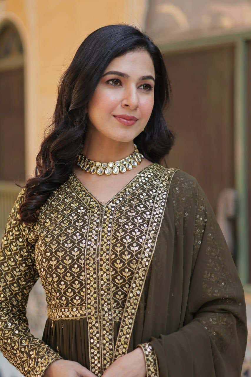 "Elegant Faux Georgette Embroidered Set with Sequins Dupatta"