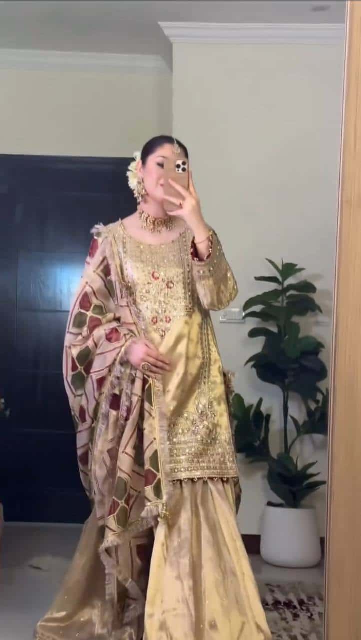 "Embroidered Cosmos Silk Sharara Set with Organza Dupatta and Golden Lace"