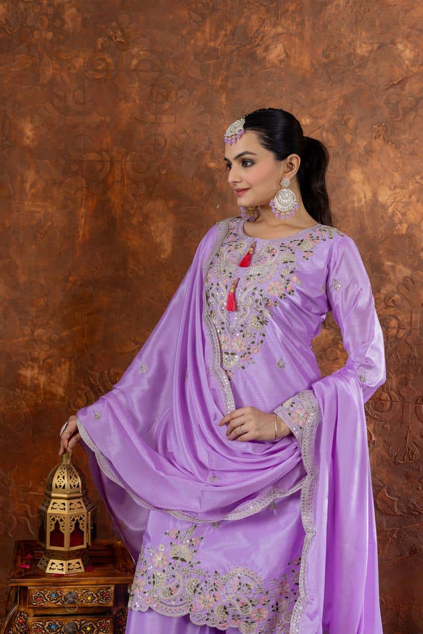 "Festive Embroidered Chinon Silk Ensemble with Tassels and Cutwork Dupatta"