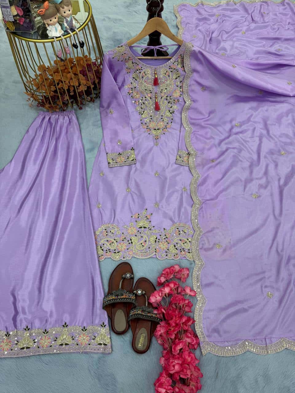 "Festive Embroidered Chinon Silk Ensemble with Tassels and Cutwork Dupatta"