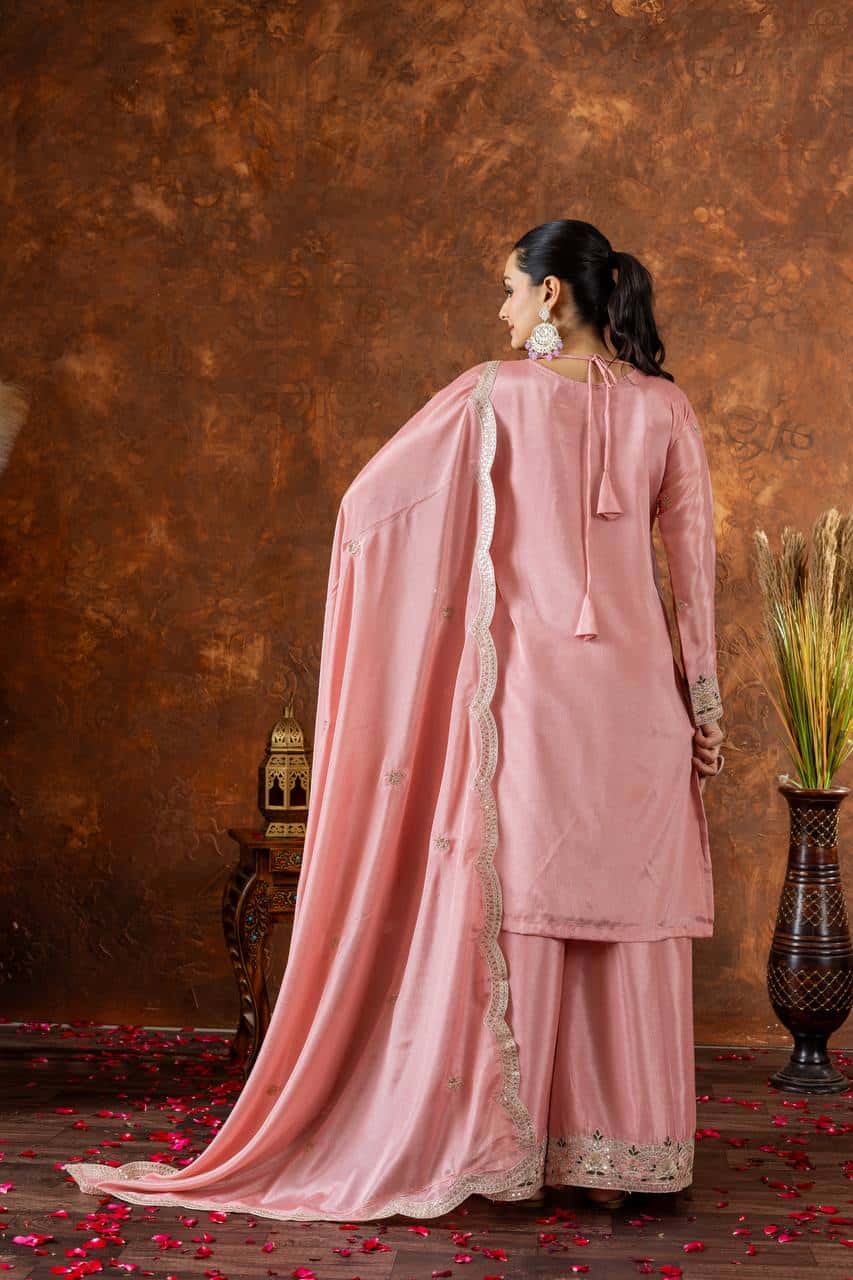 "Festive Embroidered Chinon Silk Ensemble with Tassels and Cutwork Dupatta"