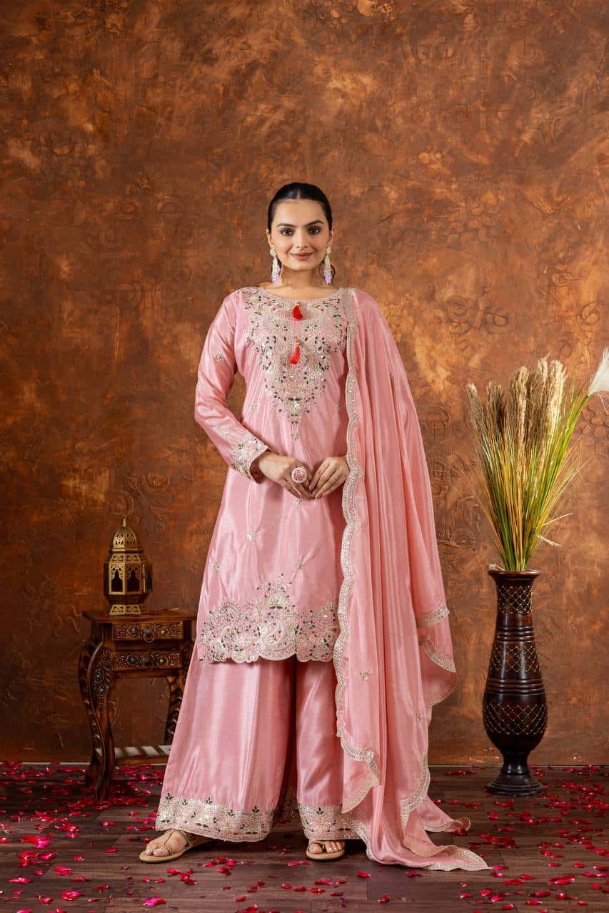 "Festive Embroidered Chinon Silk Ensemble with Tassels and Cutwork Dupatta"