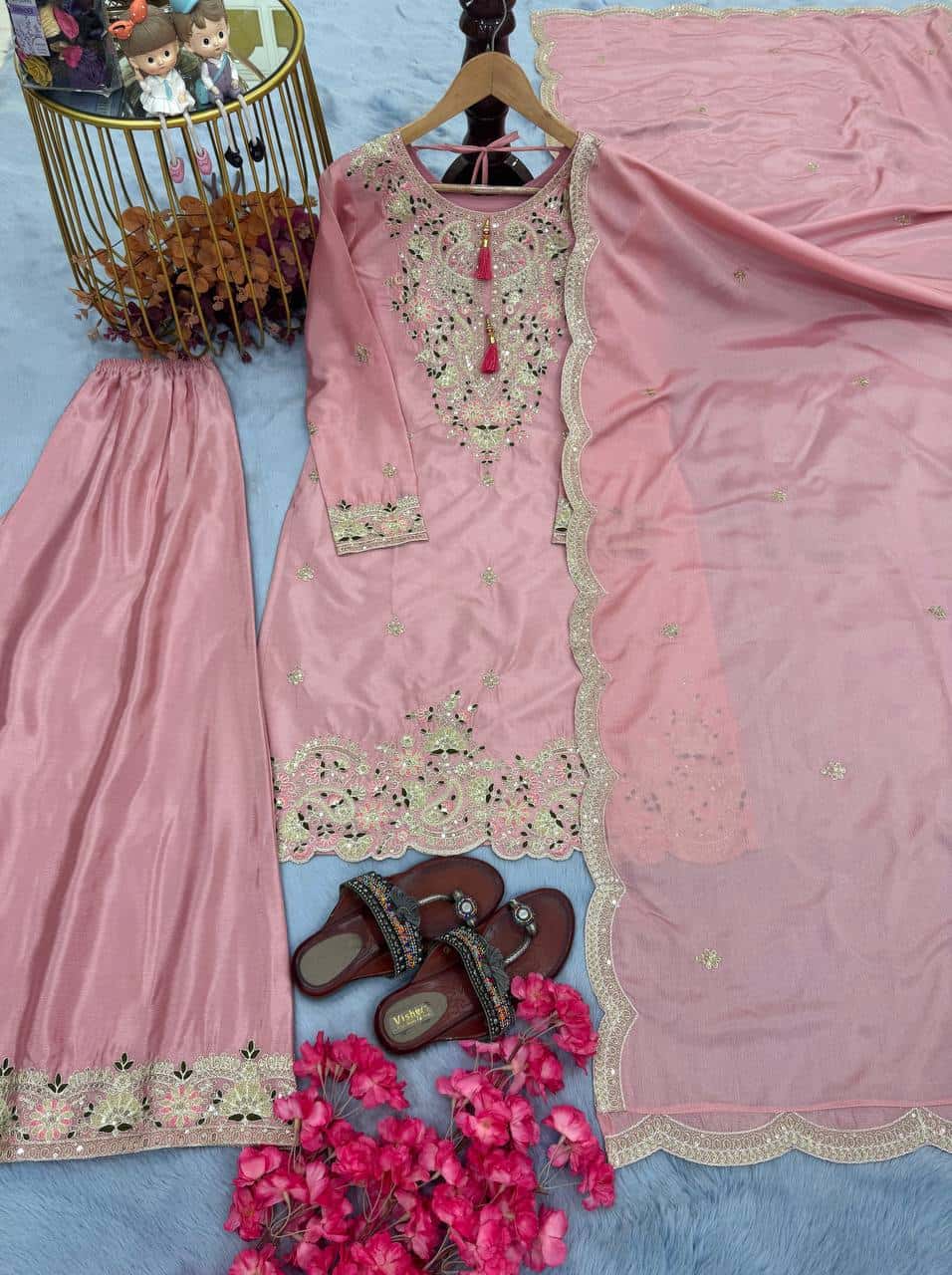 "Festive Embroidered Chinon Silk Ensemble with Tassels and Cutwork Dupatta"