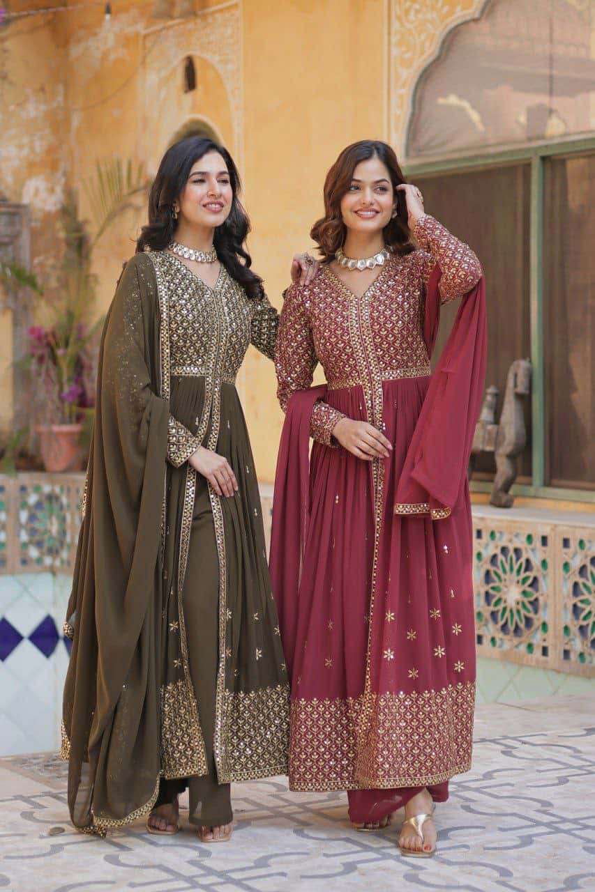 "Elegant Faux Georgette Embroidered Set with Sequins Dupatta"