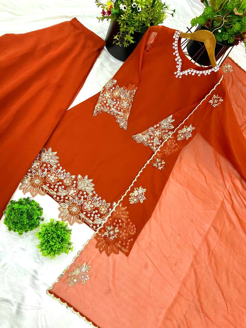 "Elegant Faux Georgette Embroidered Top with Plazzo & Dupatta Set"