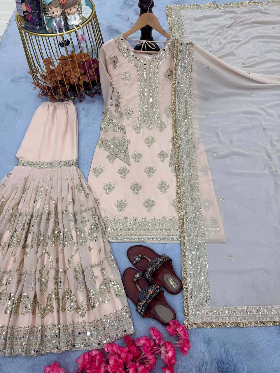 "Heavy Faux Georgette Embroidered Sequence & Mirror Work Top with Plazzo and Dupatta Set"