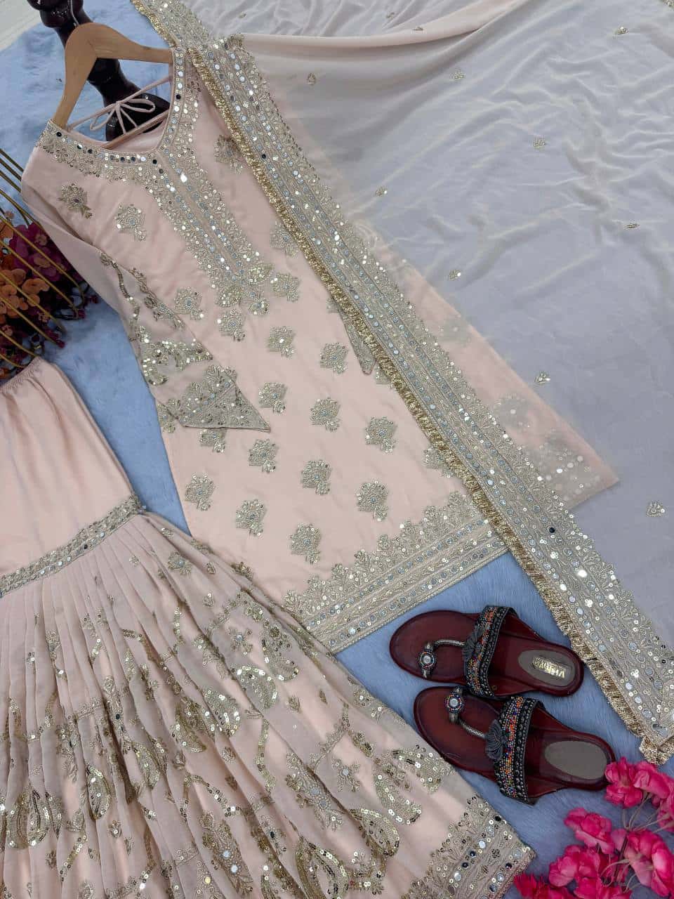 "Heavy Faux Georgette Embroidered Sequence & Mirror Work Top with Plazzo and Dupatta Set"