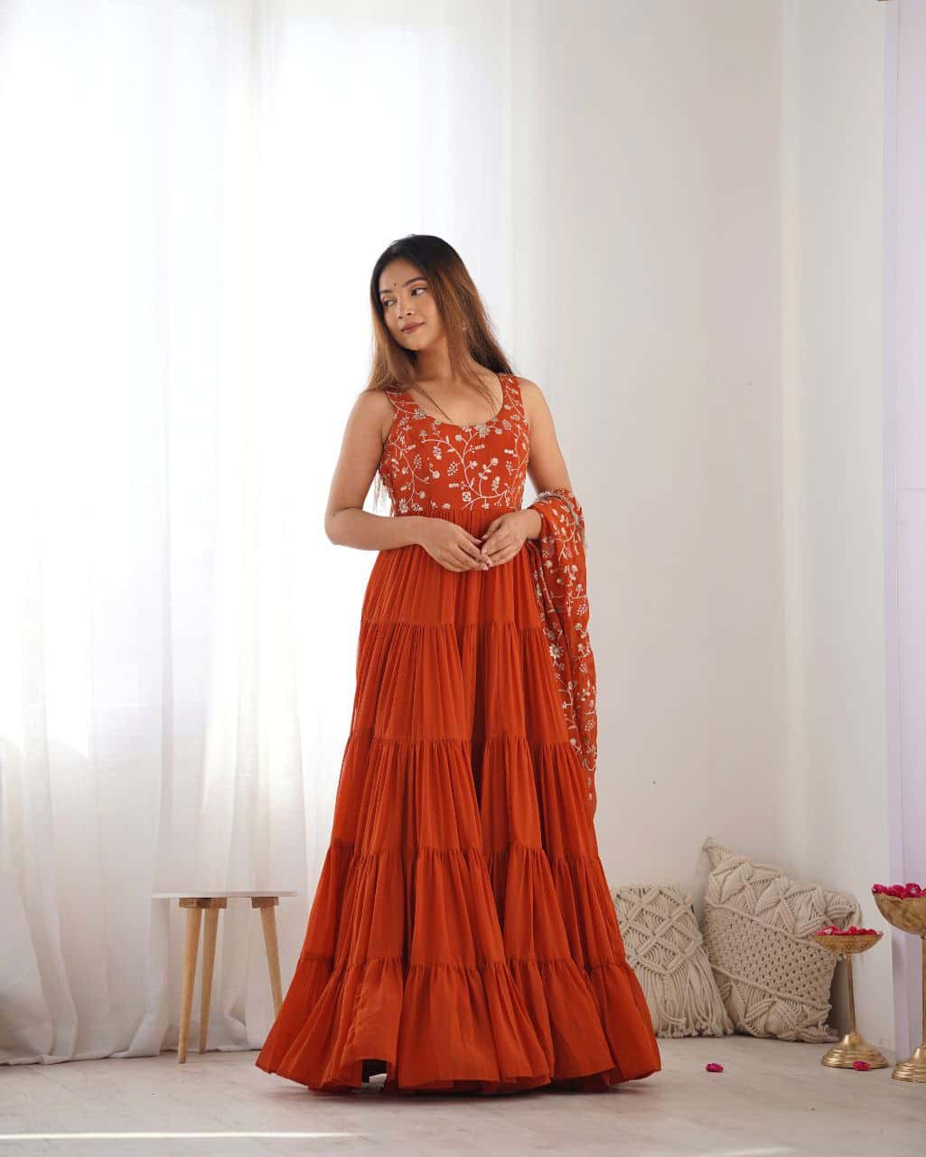 "Premium Fox Georgette Anarkali Gown with Embroidered Dupatta & Padded Inner Lining"