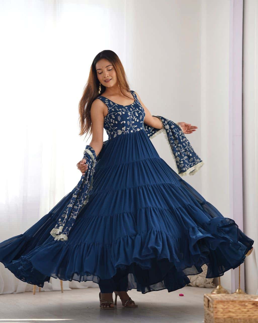 "Premium Fox Georgette Anarkali Gown with Embroidered Dupatta & Padded Inner Lining"