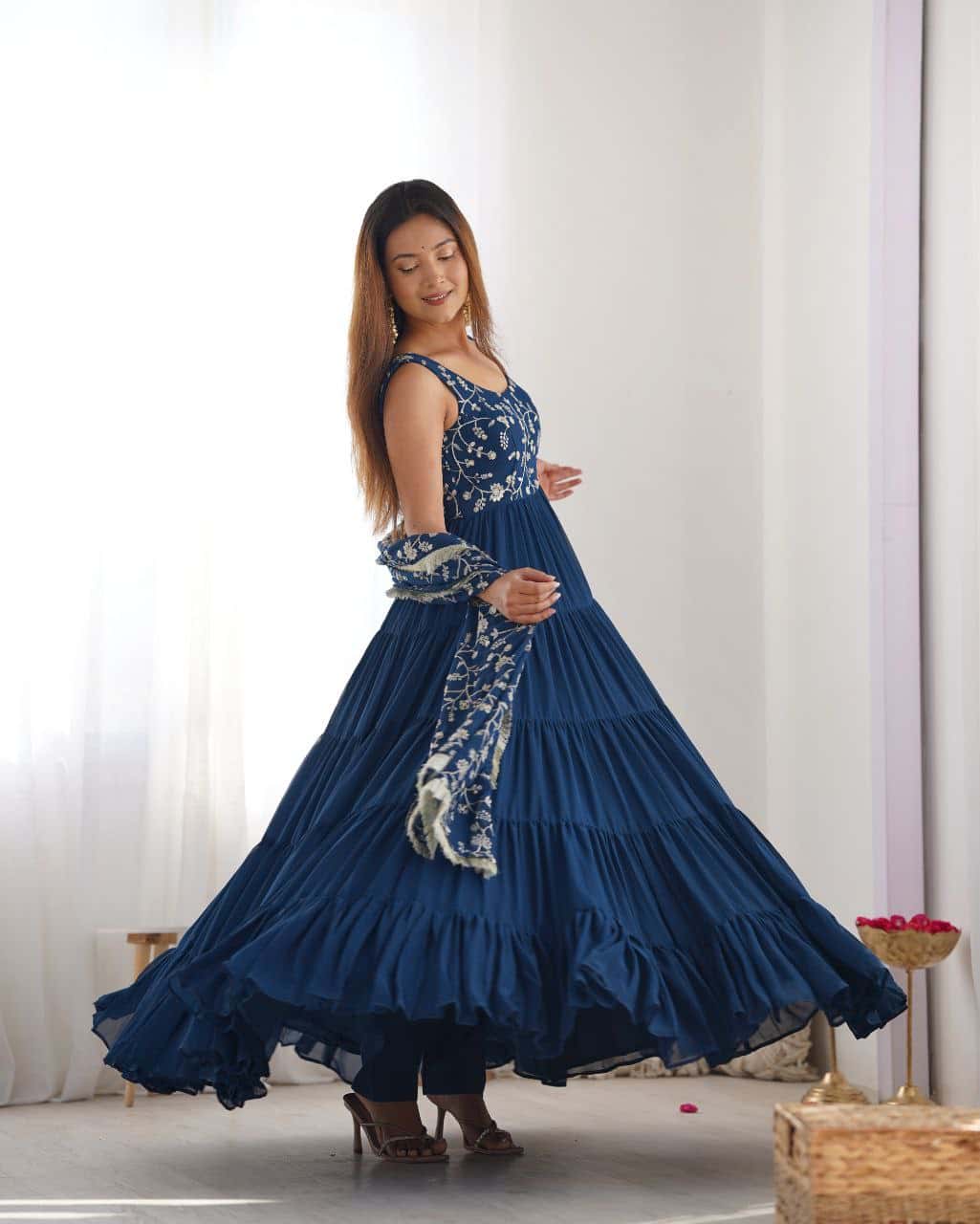"Premium Fox Georgette Anarkali Gown with Embroidered Dupatta & Padded Inner Lining"