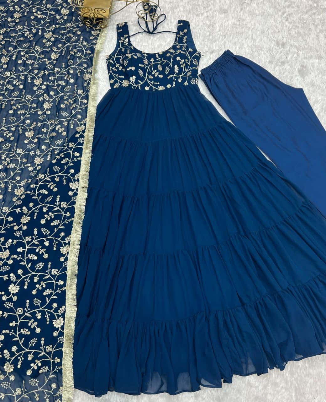 "Premium Fox Georgette Anarkali Gown with Embroidered Dupatta & Padded Inner Lining"