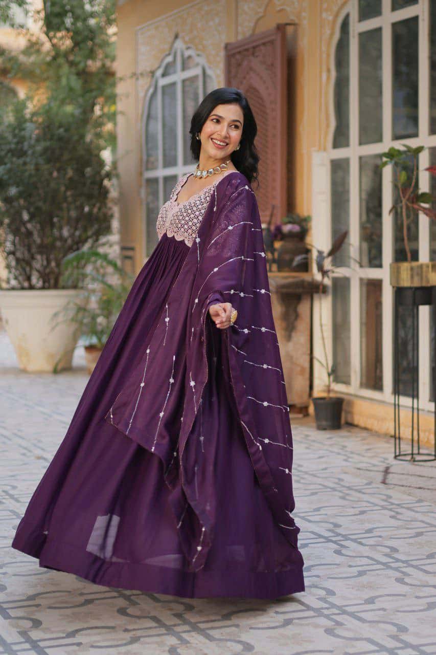 "Elegant Star Georgette Embroidered Gown with Beads, Sequins & Full Sleeves – Includes Dupatta"