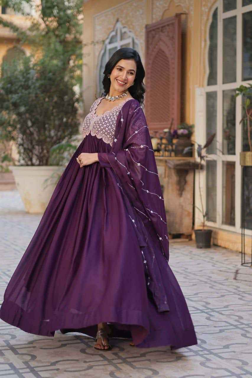 "Elegant Star Georgette Embroidered Gown with Beads, Sequins & Full Sleeves – Includes Dupatta"