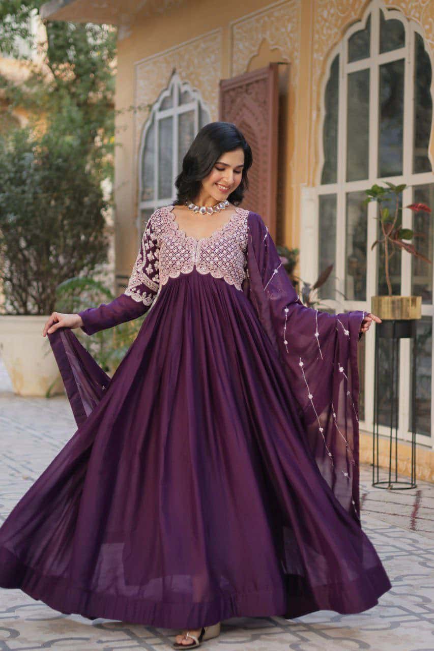 "Elegant Star Georgette Embroidered Gown with Beads, Sequins & Full Sleeves – Includes Dupatta"