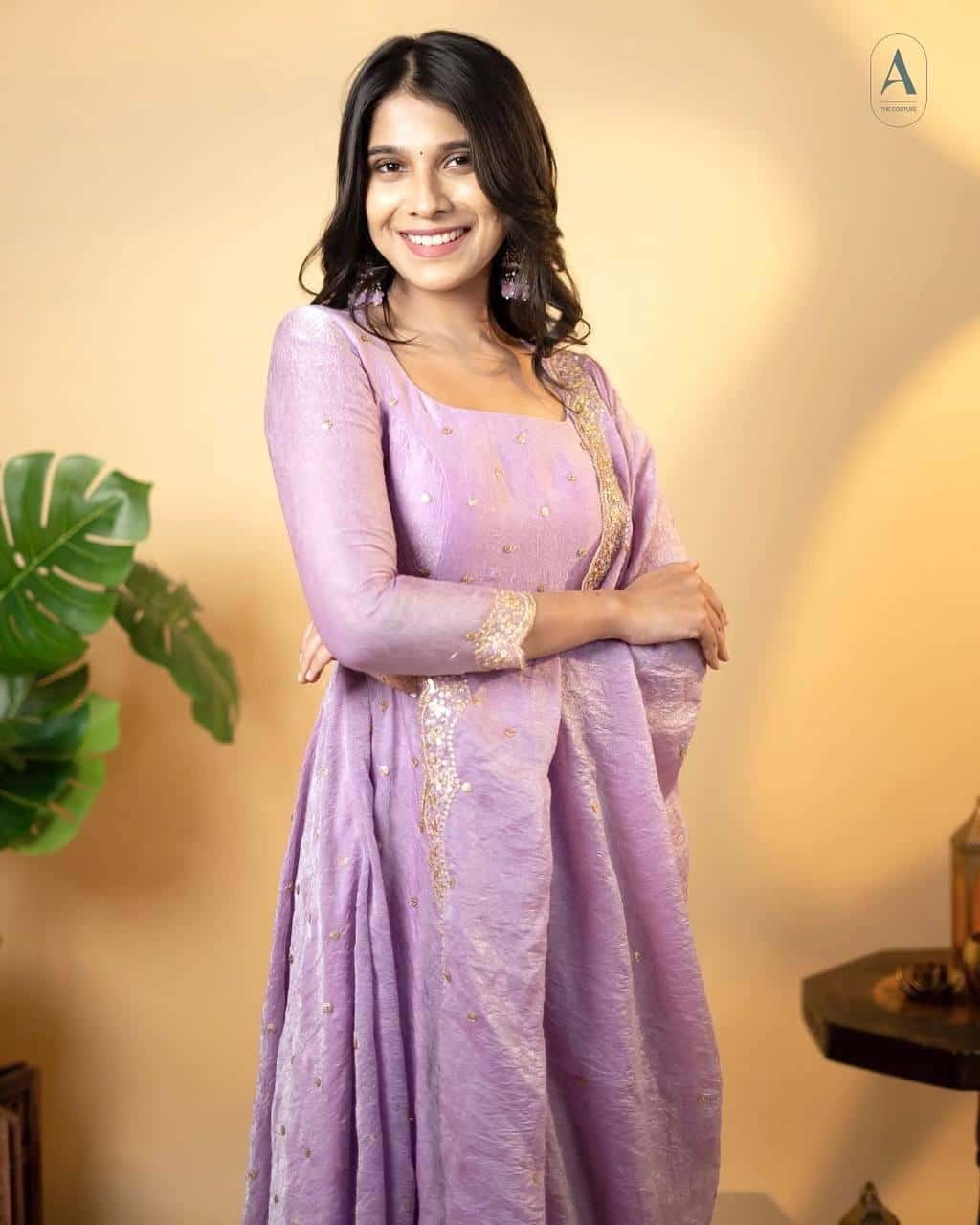 "Beautiful Embroidered Soft Gold Crush Silk Umbrella Gown with Dupatta" - Efashionkart