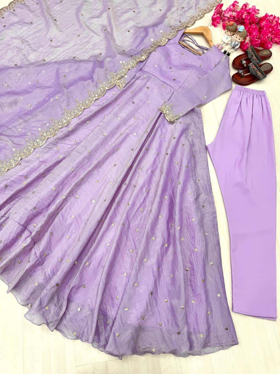"Beautiful Embroidered Soft Gold Crush Silk Umbrella Gown with Dupatta" - Efashionkart