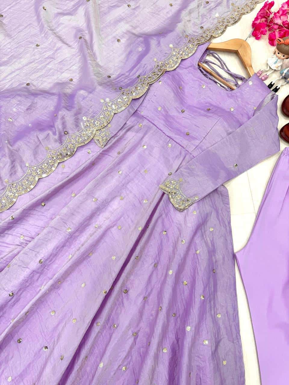 "Beautiful Embroidered Soft Gold Crush Silk Umbrella Gown with Dupatta" - Efashionkart