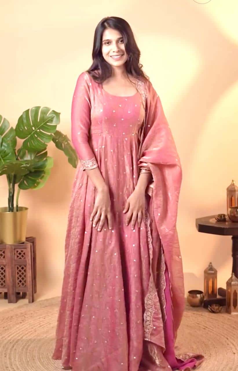"Beautiful Embroidered Soft Gold Crush Silk Umbrella Gown with Dupatta"