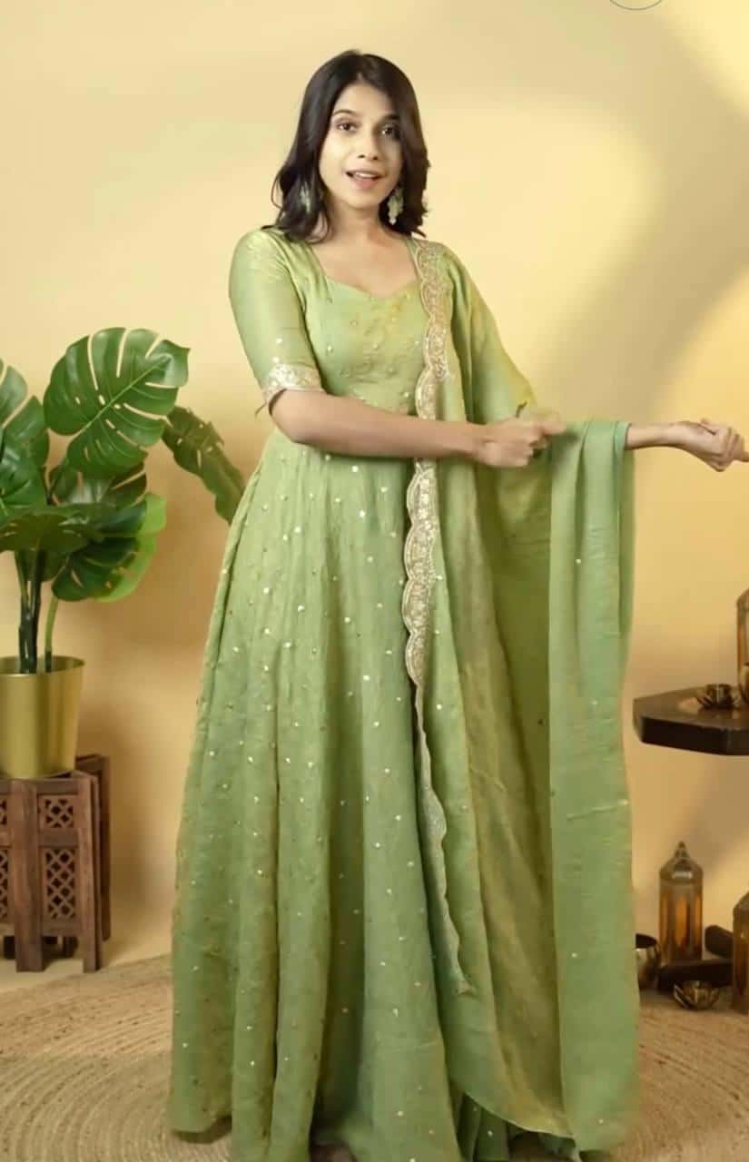 "Beautiful Embroidered Soft Gold Crush Silk Umbrella Gown with Dupatta" - Efashionkart