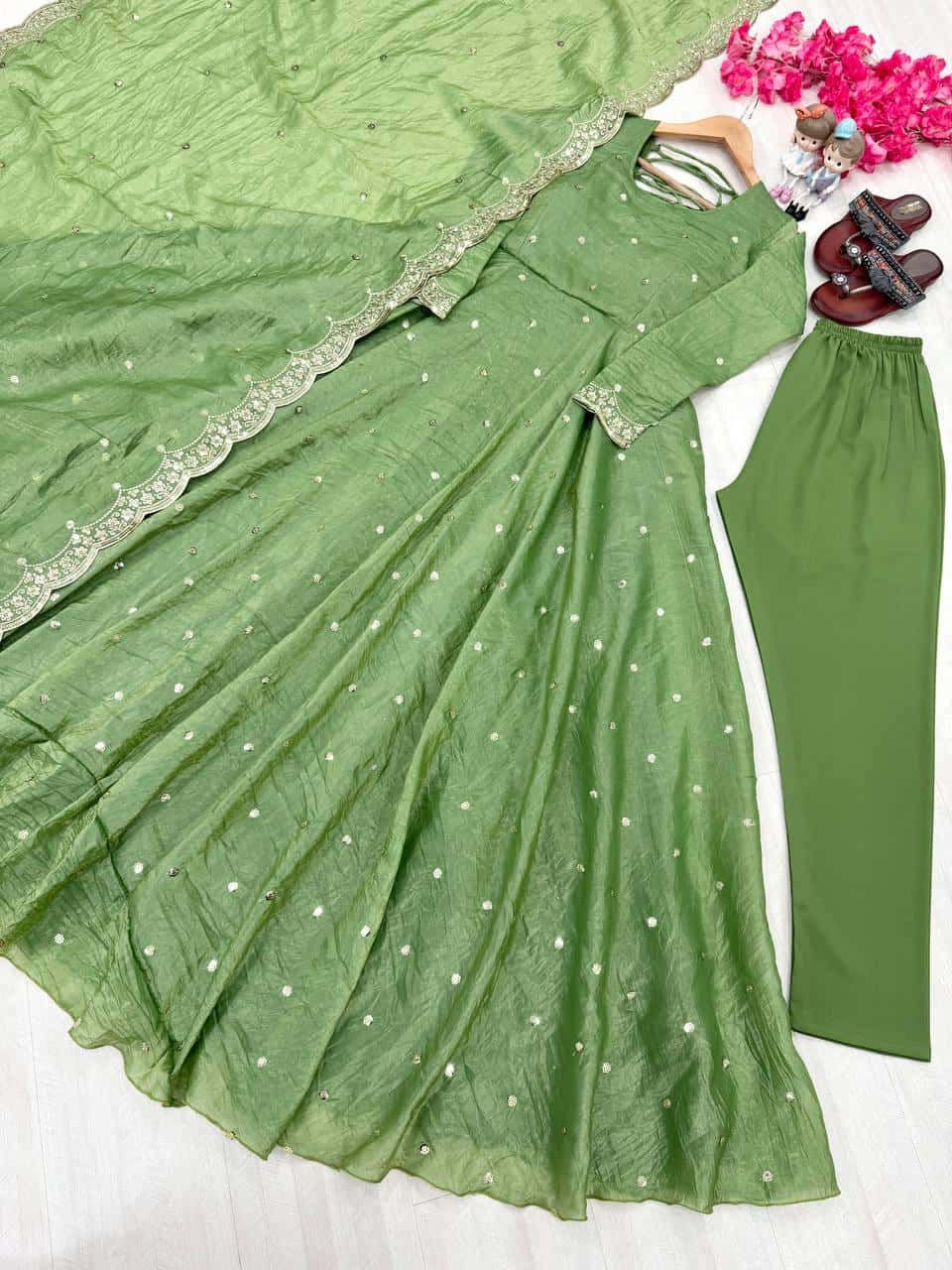 "Beautiful Embroidered Soft Gold Crush Silk Umbrella Gown with Dupatta" - Efashionkart