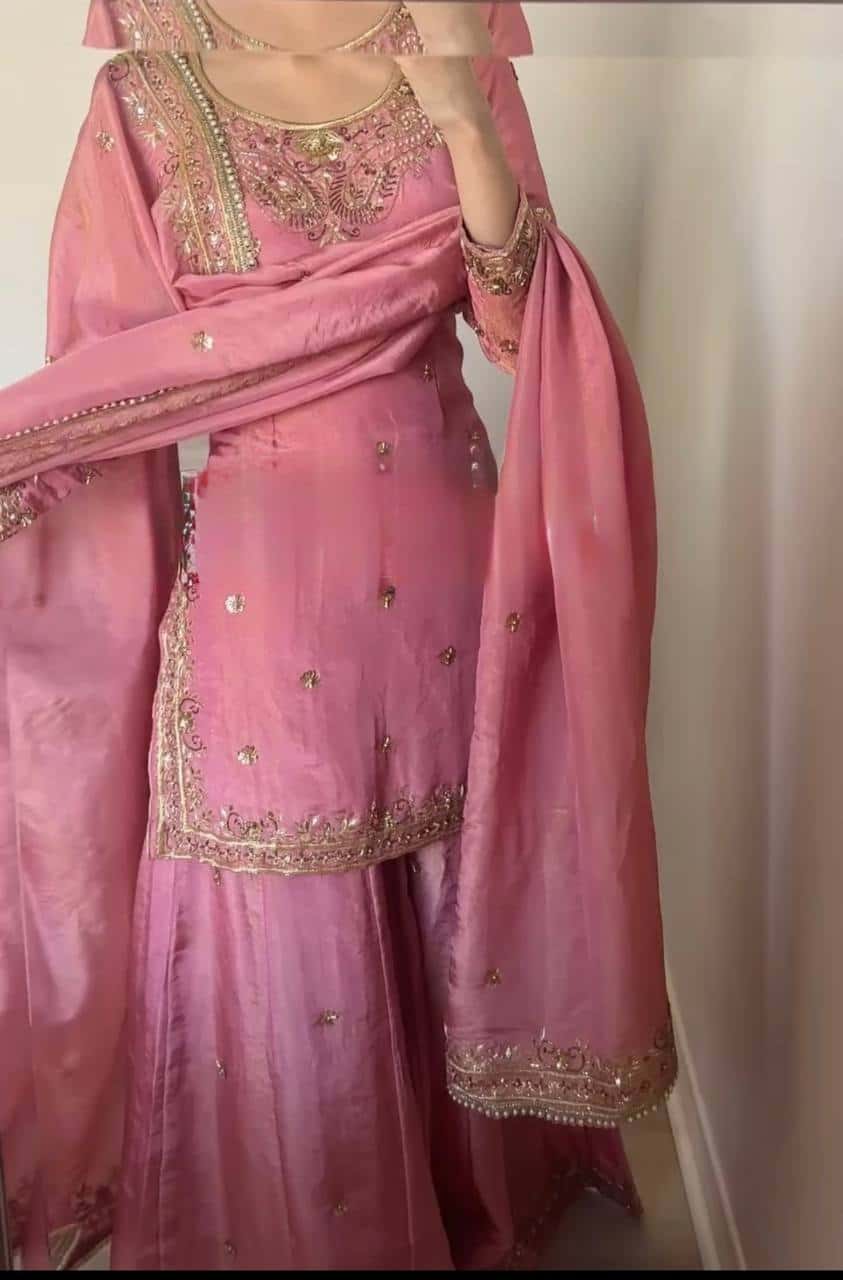 "Elegant Heavy Pure Chinnon Silk Embroidered Top, Sharara & Dupatta Set"