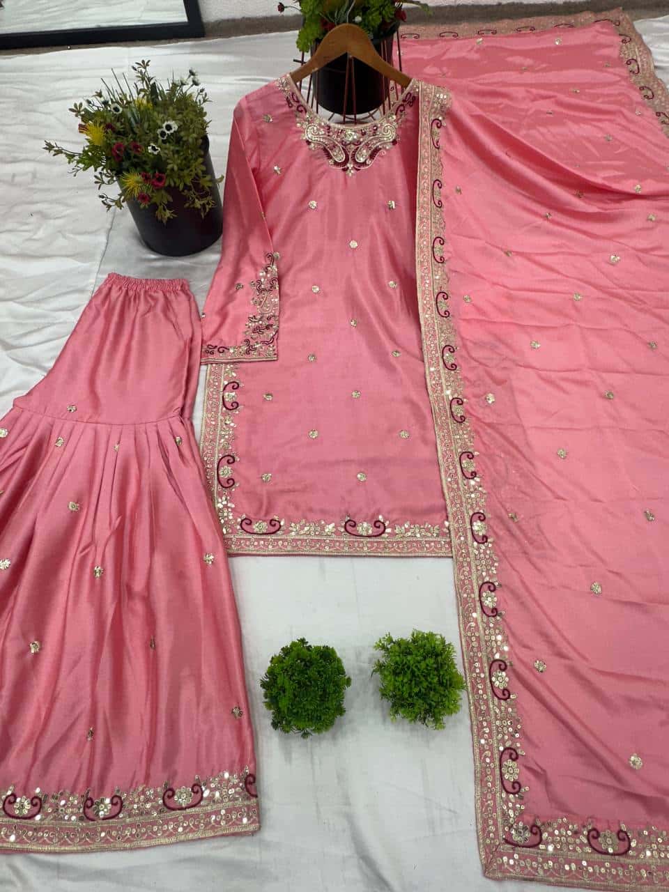 "Elegant Heavy Pure Chinnon Silk Embroidered Top, Sharara & Dupatta Set"