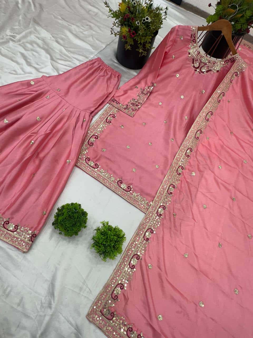 "Elegant Heavy Pure Chinnon Silk Embroidered Top, Sharara & Dupatta Set"