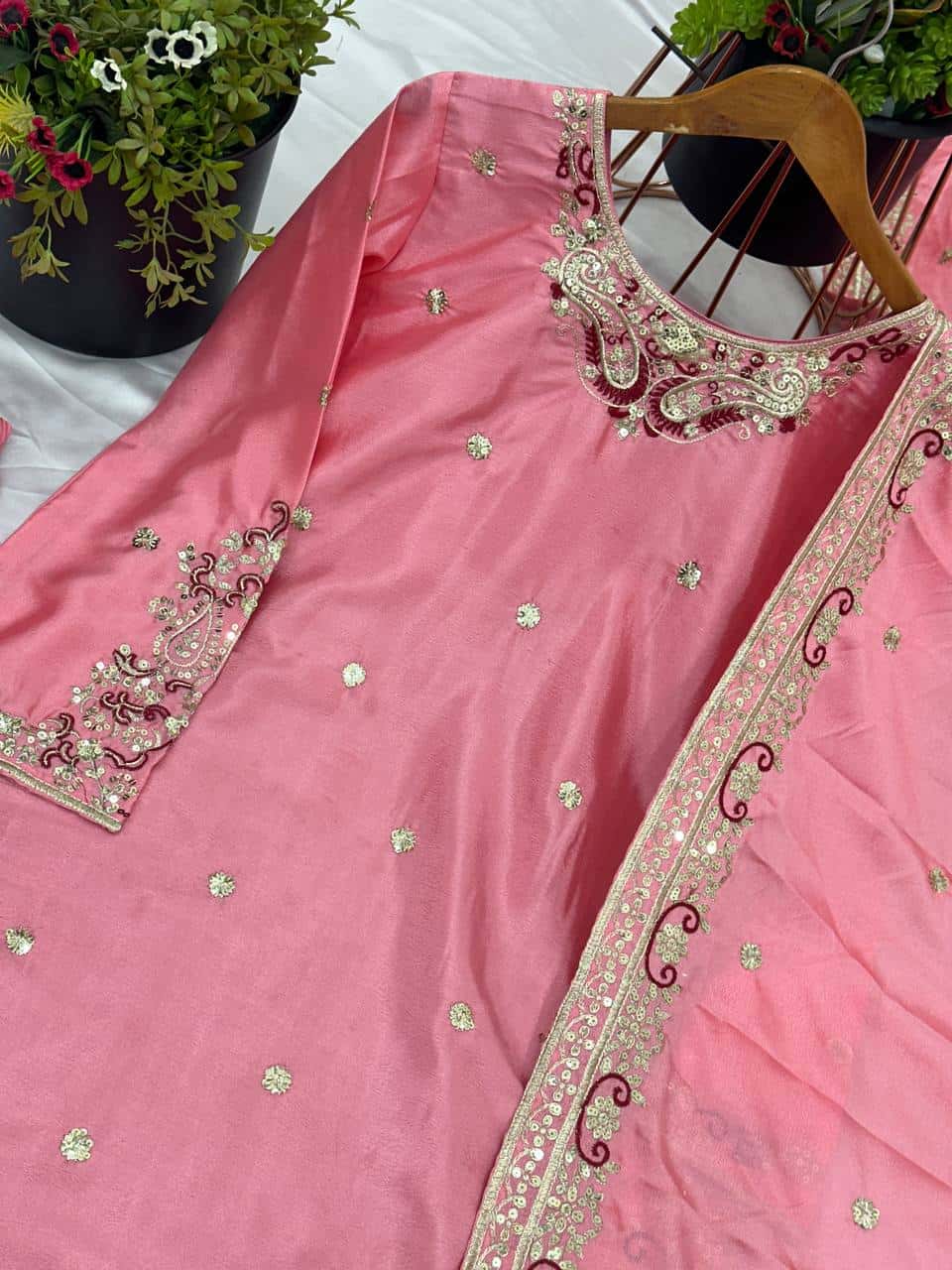 "Elegant Heavy Pure Chinnon Silk Embroidered Top, Sharara & Dupatta Set"