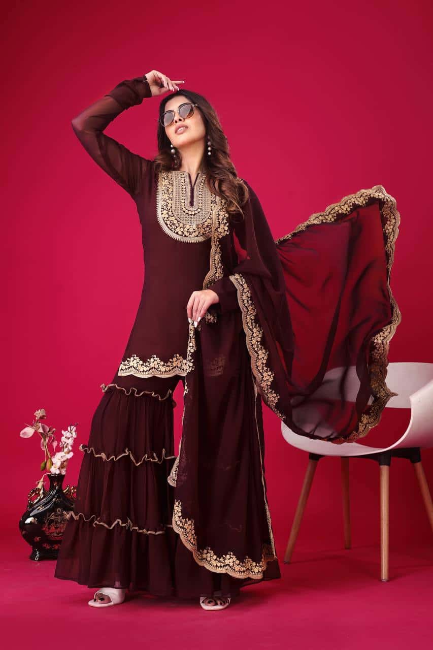 "Elegant Faux Georgette Embroidered Top, Plazzo & Dupatta Set – Ready to Wear"