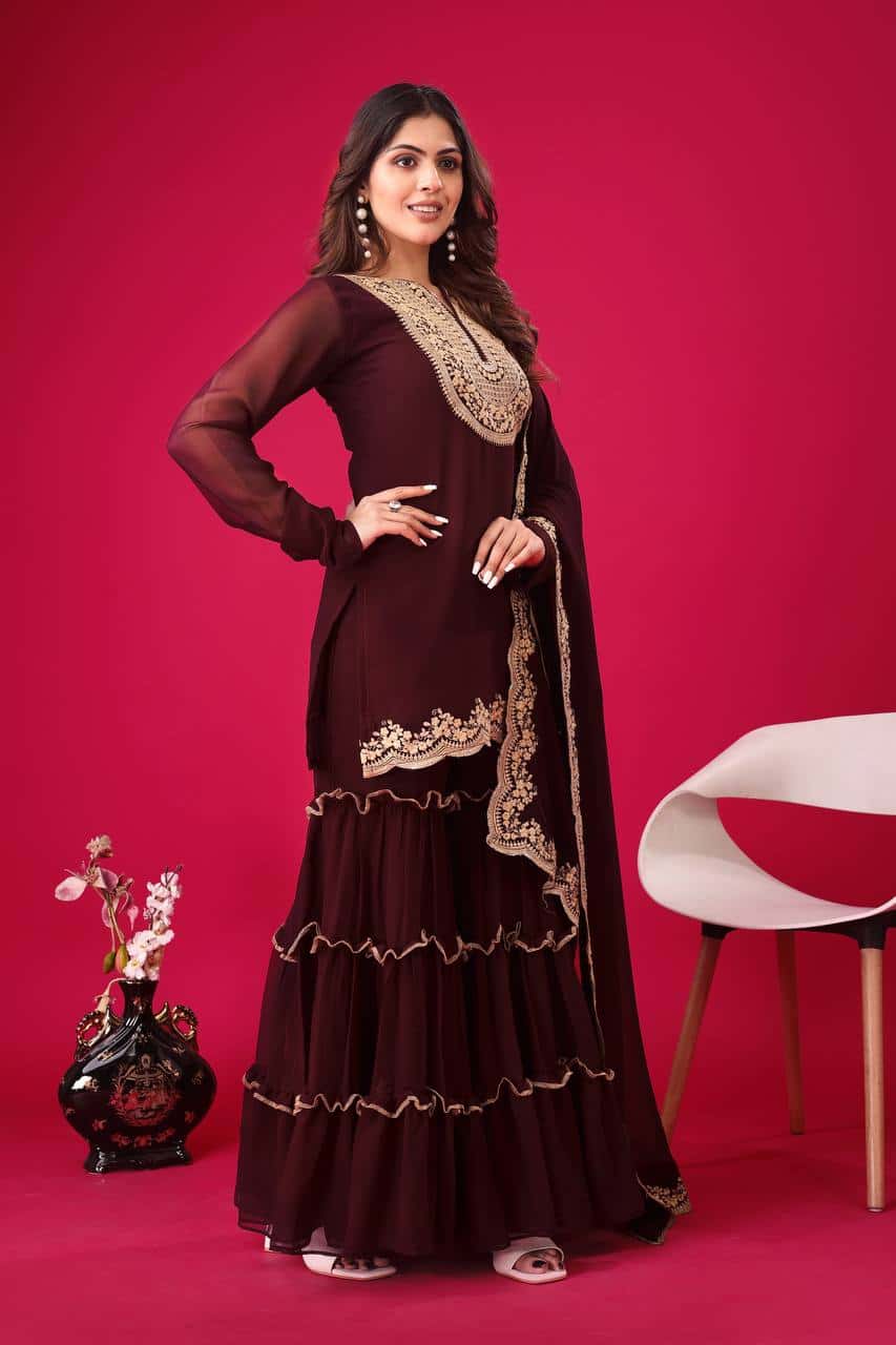 "Elegant Faux Georgette Embroidered Top, Plazzo & Dupatta Set – Ready to Wear"
