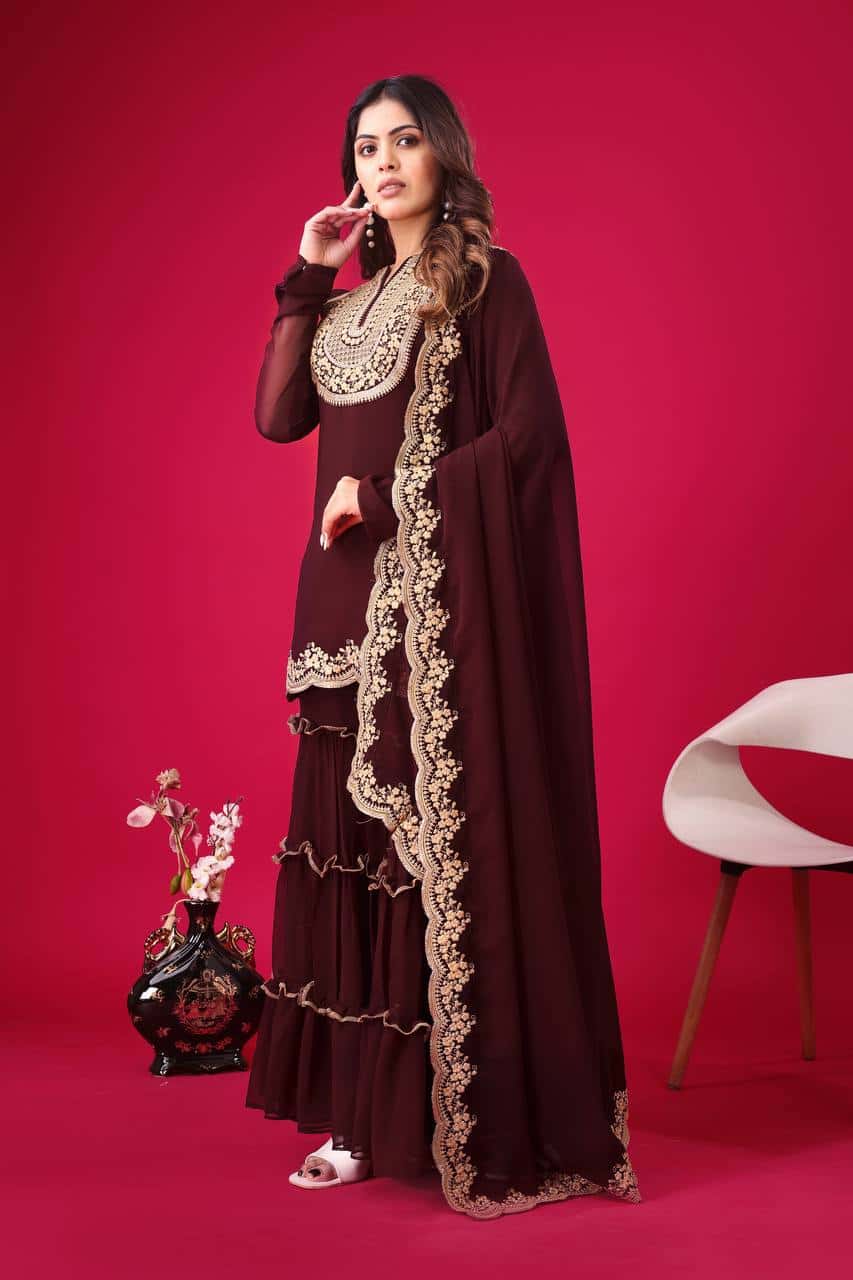 "Elegant Faux Georgette Embroidered Top, Plazzo & Dupatta Set – Ready to Wear"