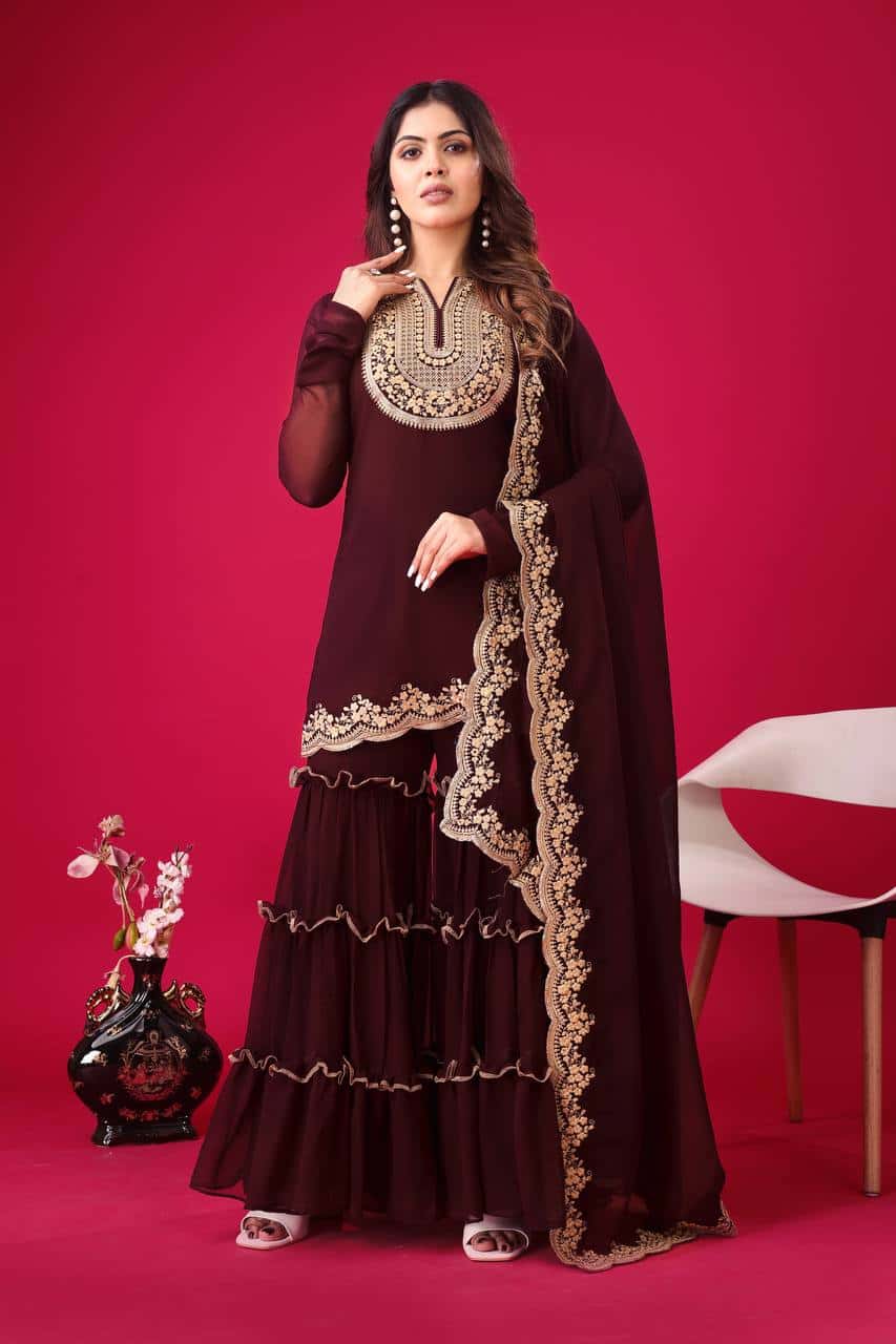 "Elegant Faux Georgette Embroidered Top, Plazzo & Dupatta Set – Ready to Wear"