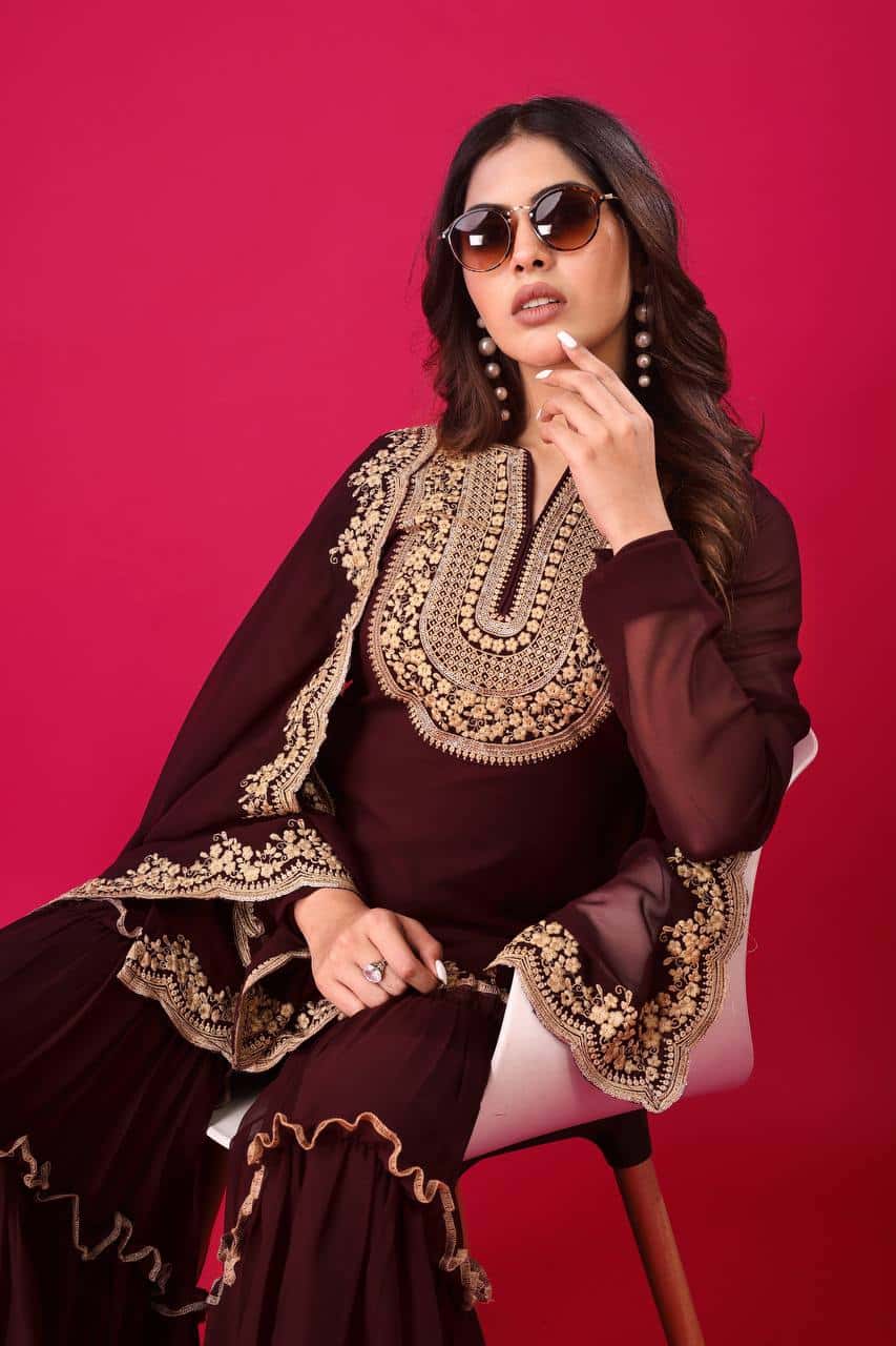 "Elegant Faux Georgette Embroidered Top, Plazzo & Dupatta Set – Ready to Wear"