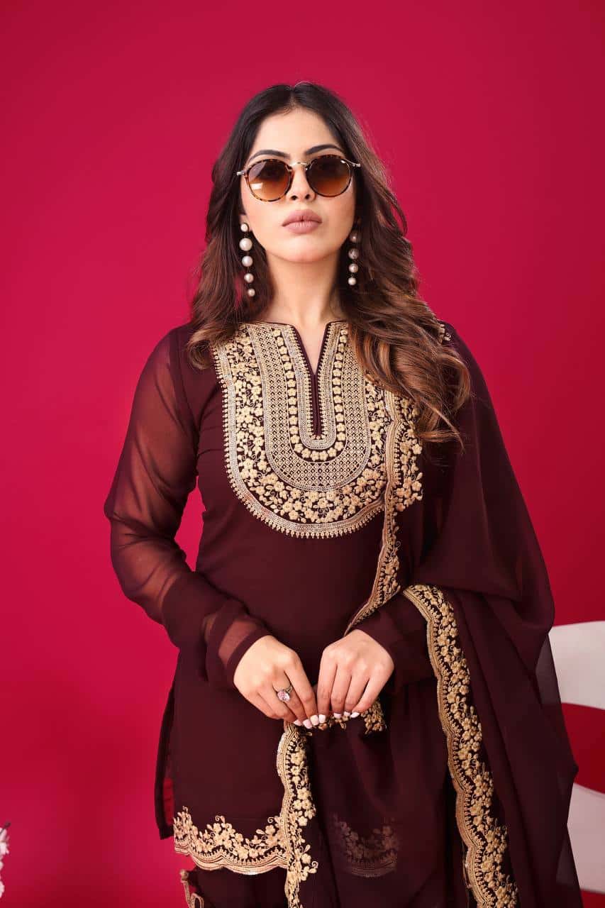 "Elegant Faux Georgette Embroidered Top, Plazzo & Dupatta Set – Ready to Wear"