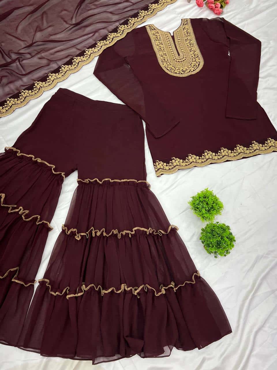 "Elegant Faux Georgette Embroidered Top, Plazzo & Dupatta Set – Ready to Wear"