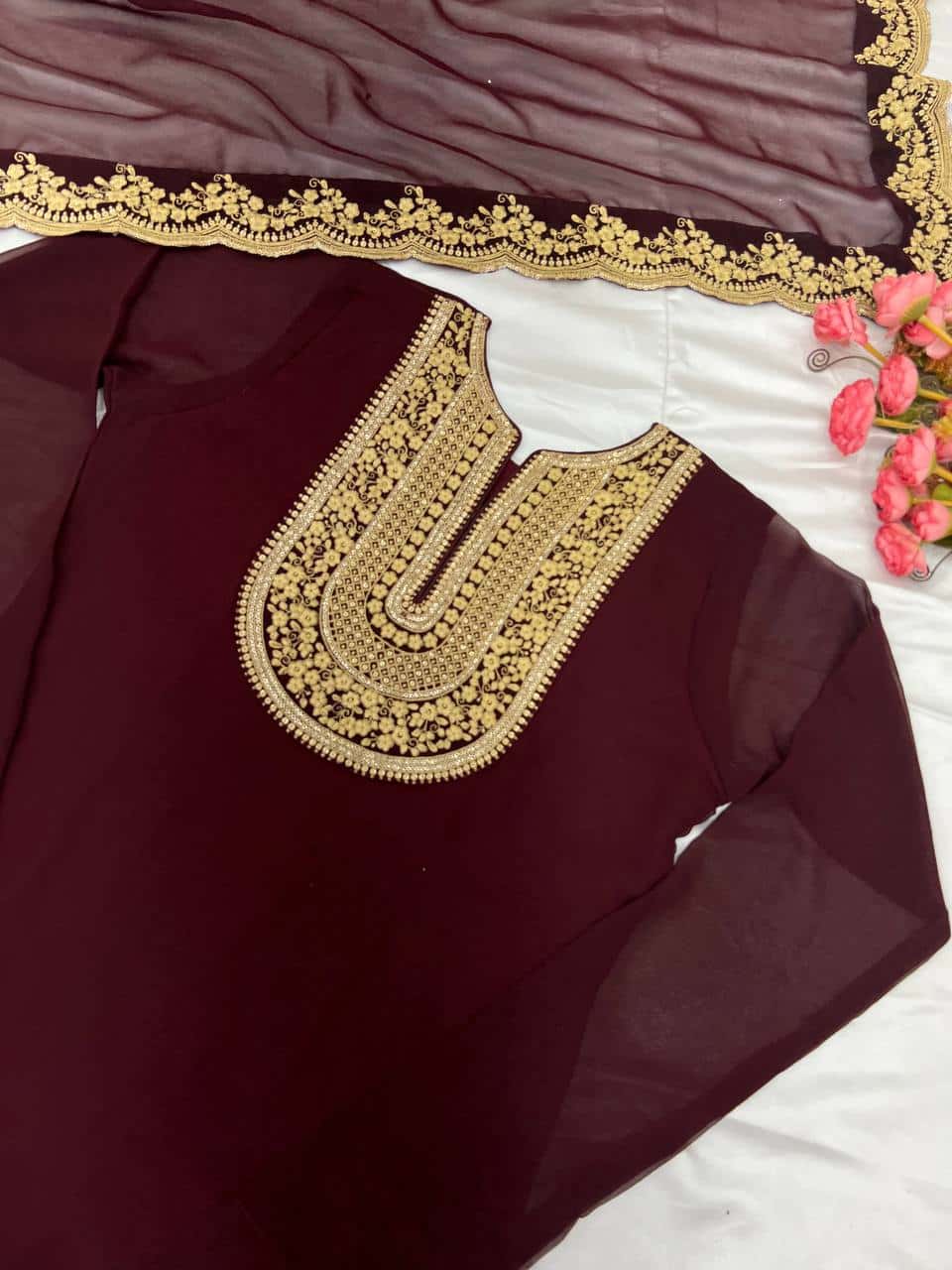 "Elegant Faux Georgette Embroidered Top, Plazzo & Dupatta Set – Ready to Wear"
