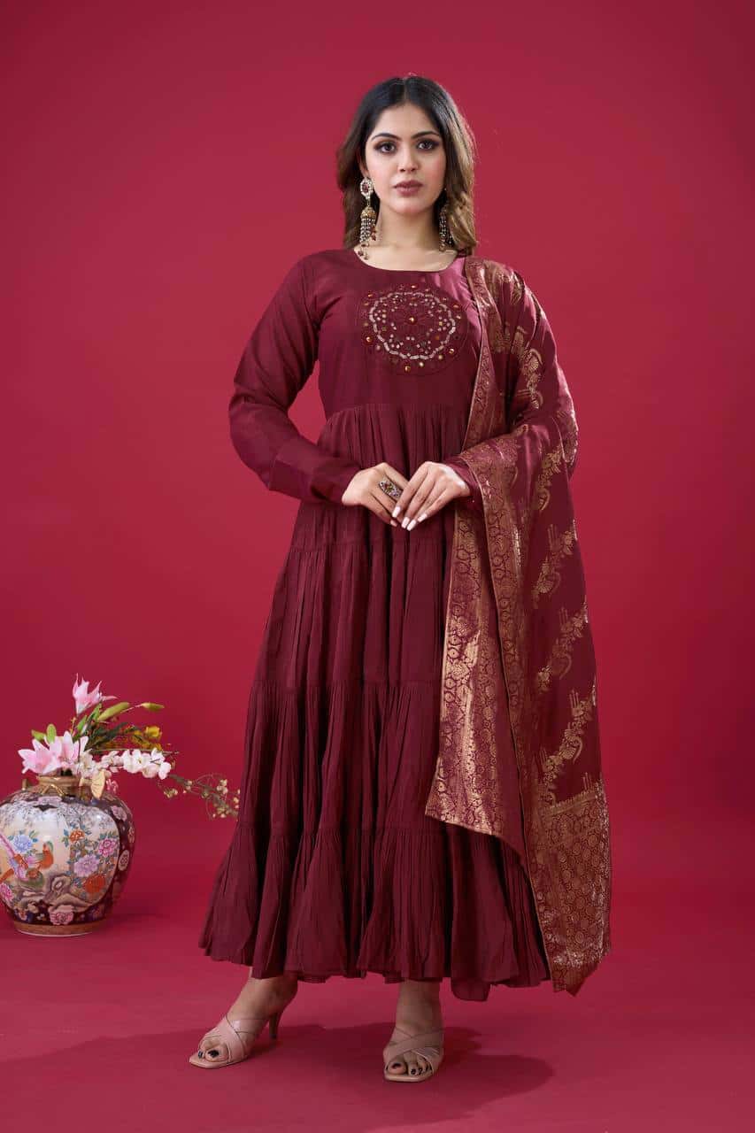 "Luxurious Embroidered Roman Silk Gown with Muslin Jacquard Dupatta & Micro Cotton Inner"